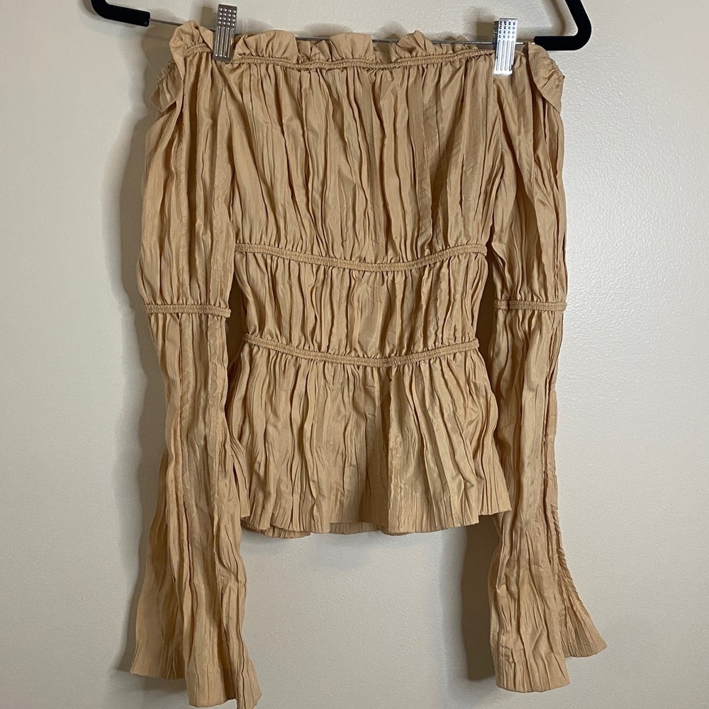 Song Of Style Ruched Off the Shoulder Top Long Sleeve Bell Sleeve Tan Size XS - Picture 7 of 8